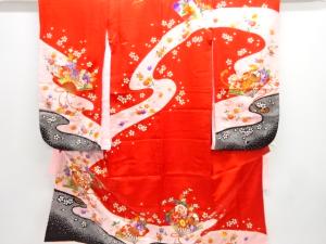 流水に草花・扇模様子供着物(長襦袢付き)